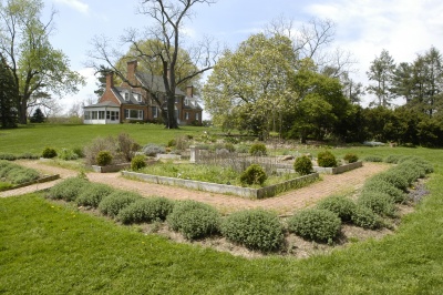Historic Manor House and formal boxwood garden at Green Spring Gardens